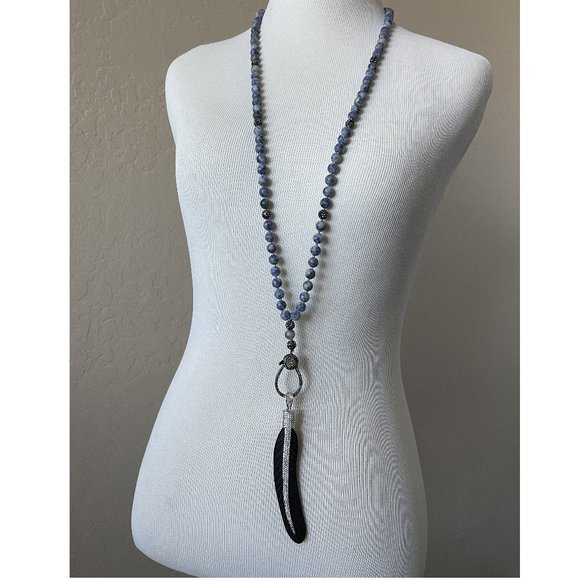 Feather Enhancer with Blue Bead Necklace | Crystal Accents | NWT - Picture 1 of 6